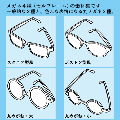 3D】4 types of glasses (cell frame) square, Boston, Marudai Maru